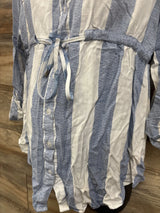 Blue and white striped maternity dress with button front and tie waist, ideal for pregnancy fashion.