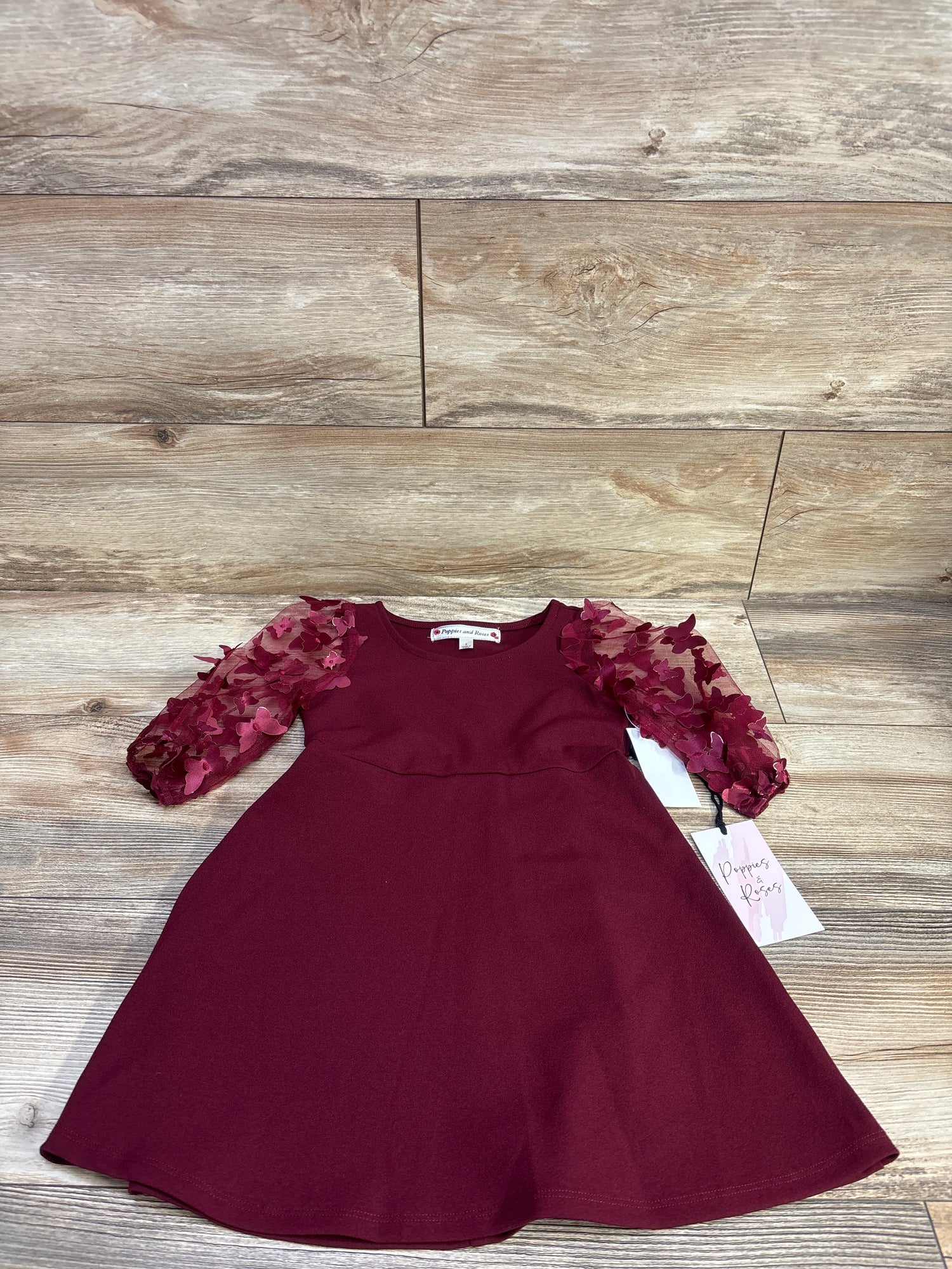 NEW Poppies & Roses Butterfly Tulle Sleeve Dress Maroon sz 5T