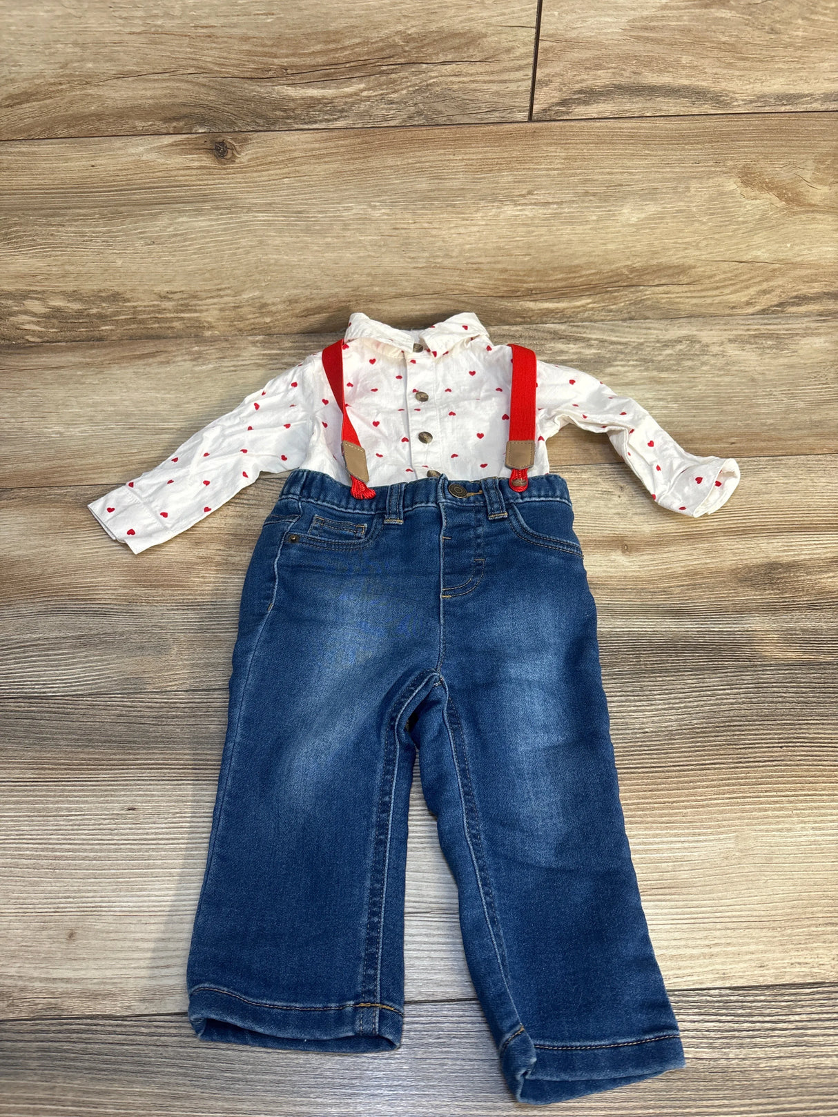 Cat & Jack 3pc Heart Button Up Shirt & Suspender Set White sz 6-9m