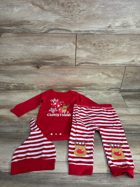 Red 'My First Christmas' baby onesie with reindeer, striped pants & hat set for holiday photos