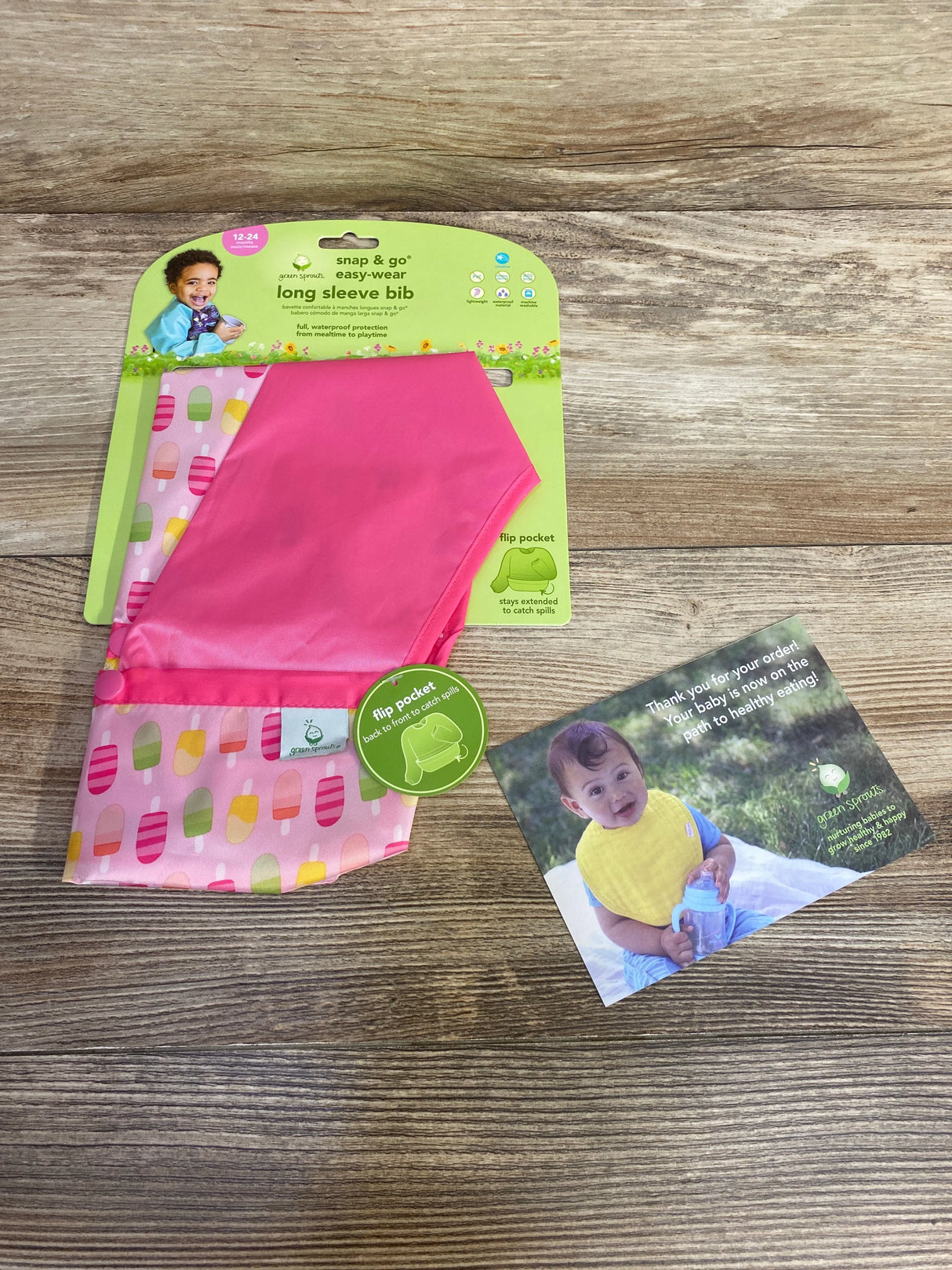 NEW Green Sprouts Snap & Go Easy-Wear Long Sleeve Bib in Popsicles 12-24m