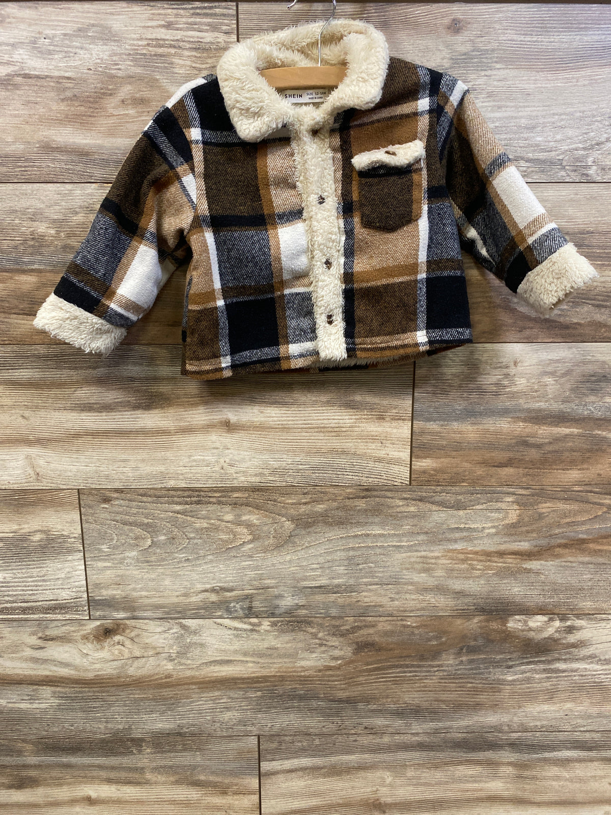 Shein Faux Fur Lined Plaid Button-Up Jacket Brown sz 12-18m
