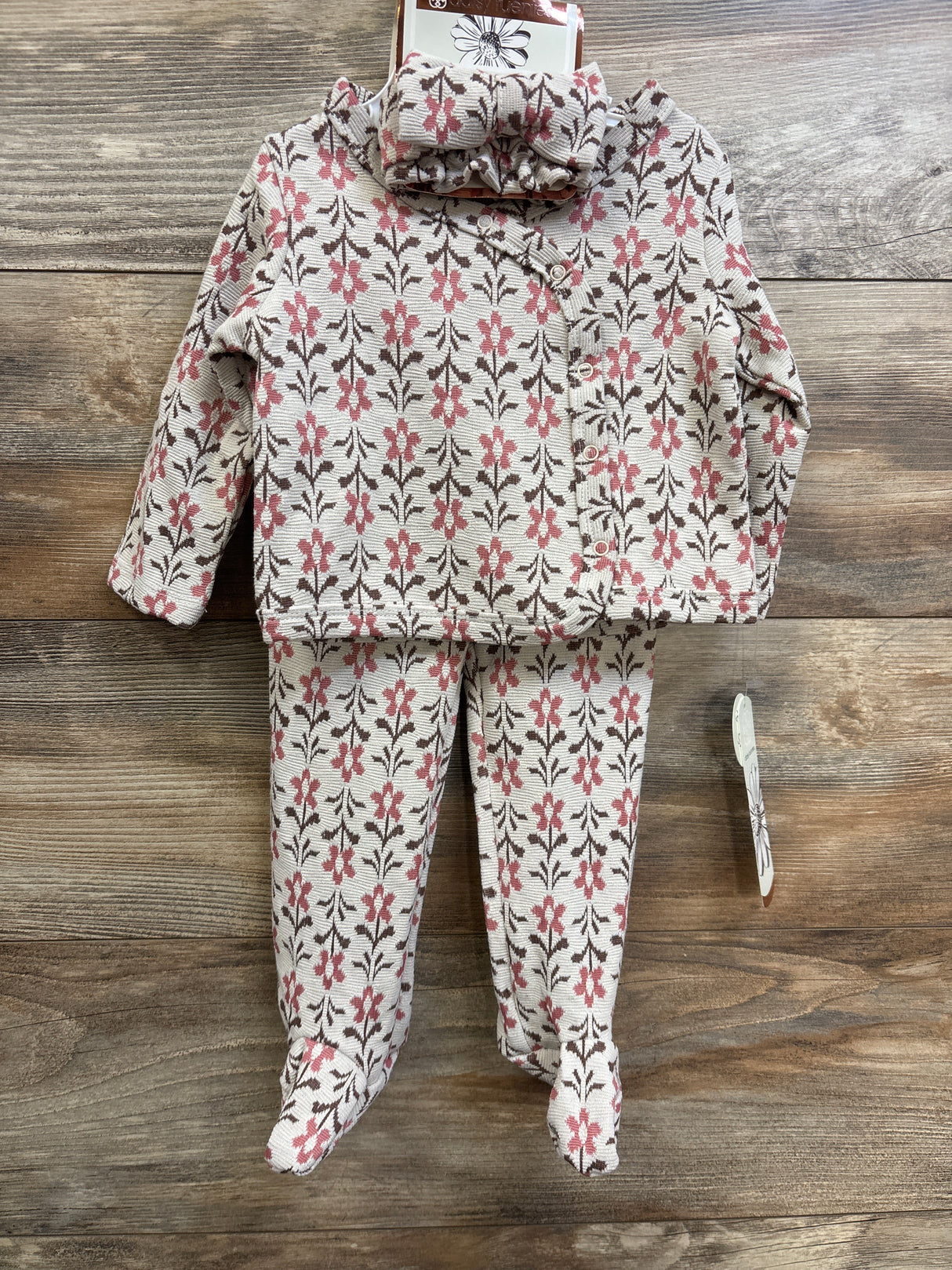 NEW Daisy Fuentes 3pc Floral Top, Footed Pants, & Headband Set Beige sz 6/9m