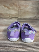 Rear view of FEETCITY wide barefoot purple toddler water shoes with Velcro strap, patterned collar, and white textured soles on wood background