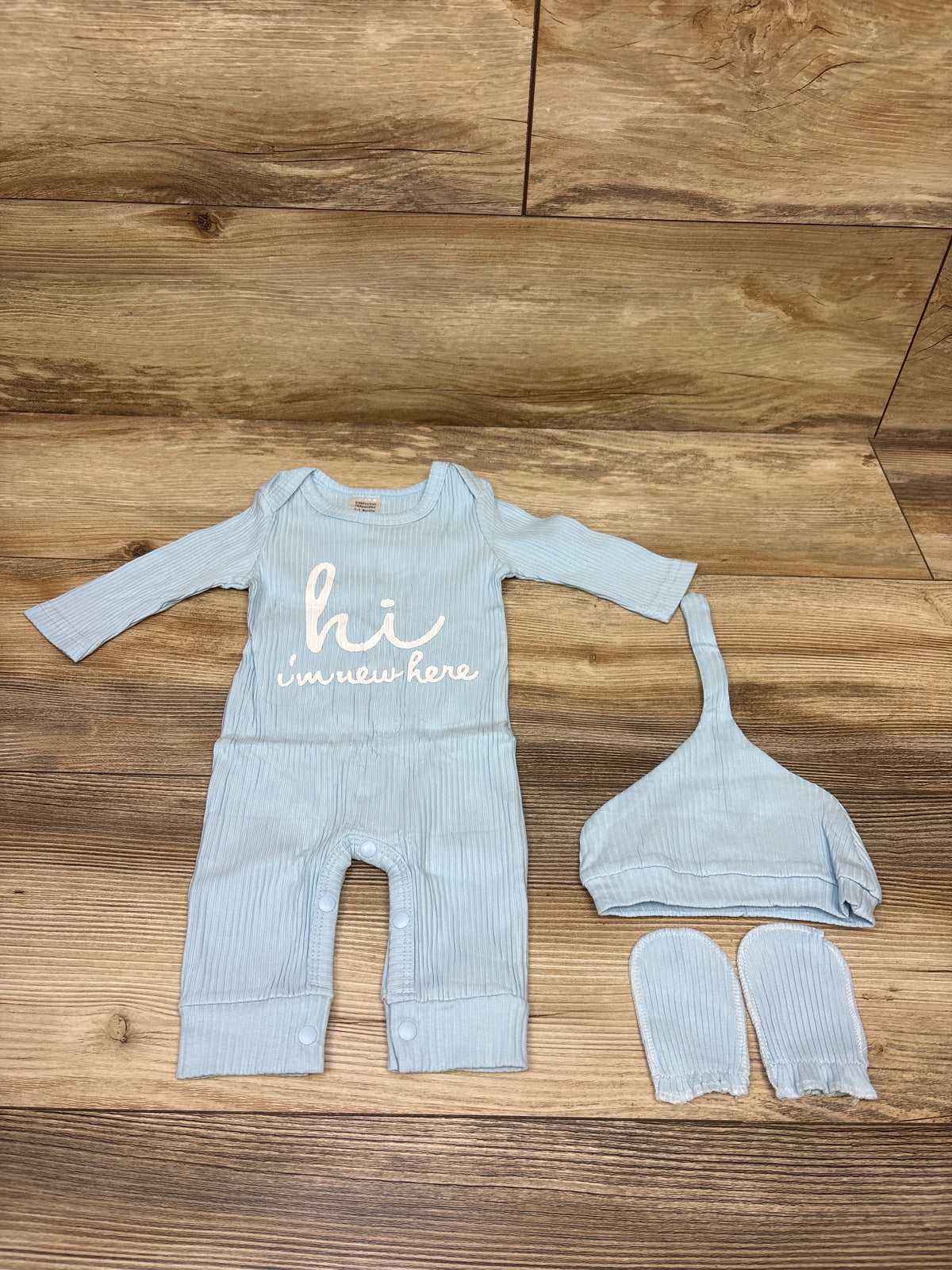 NWOT Babymine 3pc Hi I'm New Here Ribbed Coverall, Hat & Mittens Blue sz 0-3m