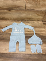 NWOT Babymine 3pc Hi I'm New Here Ribbed Coverall, Hat & Mittens Blue sz 0-3m