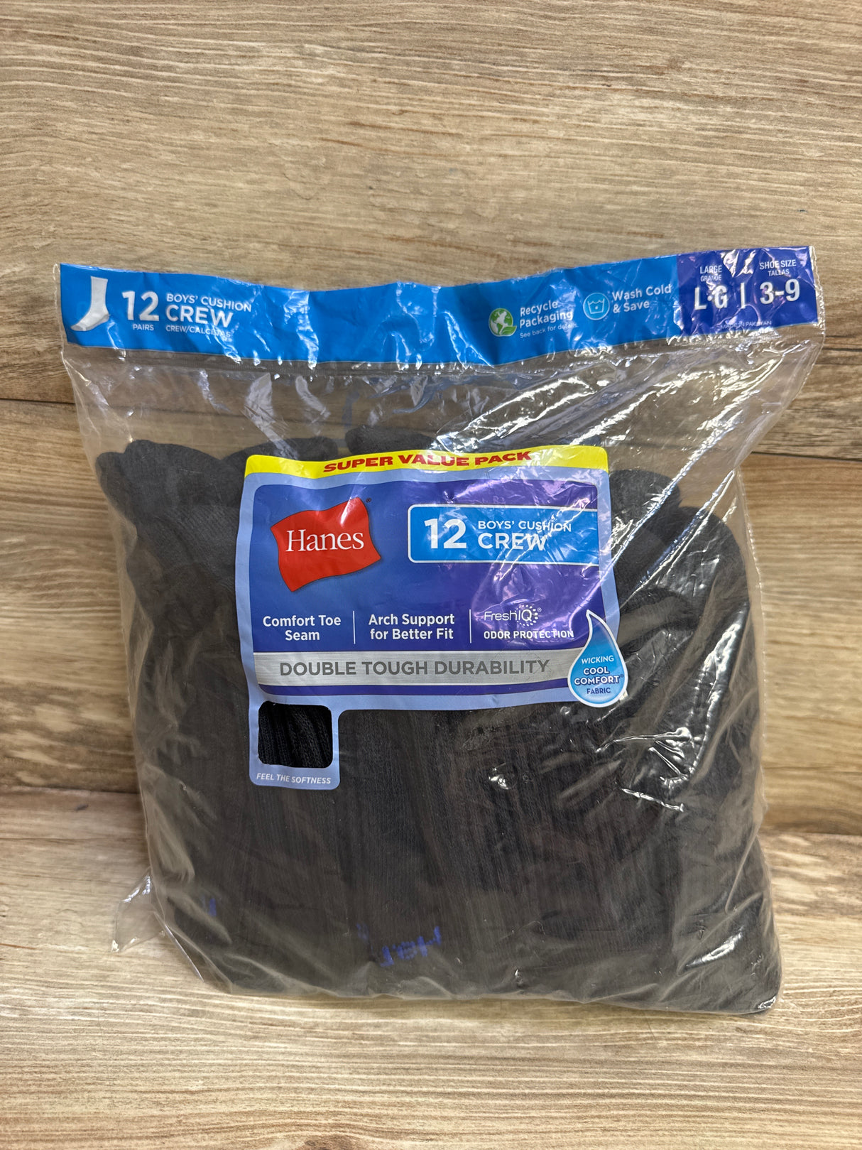NEW Hanes Boys' Cushion Crew Socks 12pk Black sz L/3-9Y