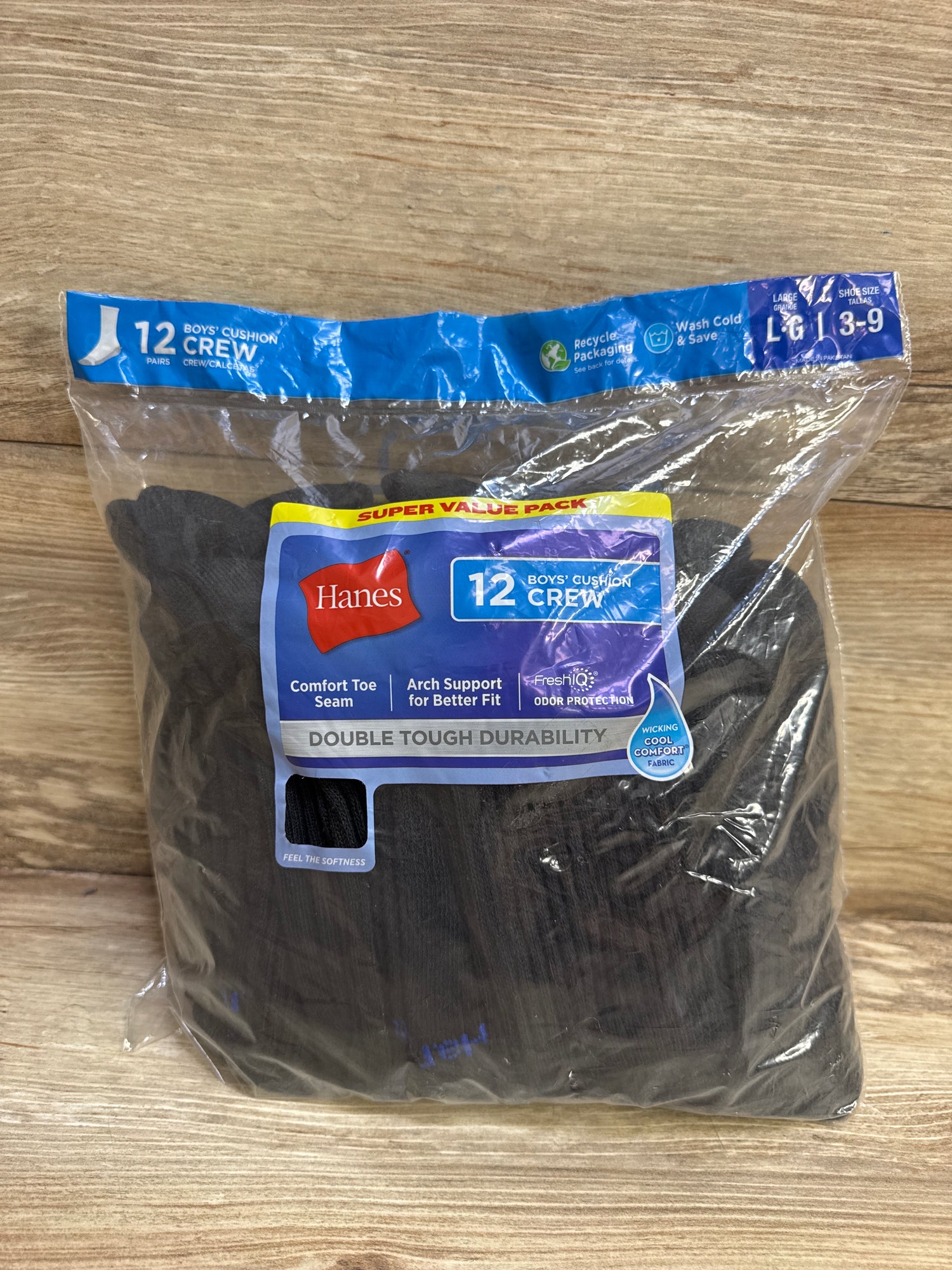NEW Hanes Boys' Cushion Crew Socks 12pk Black sz L/3-9Y
