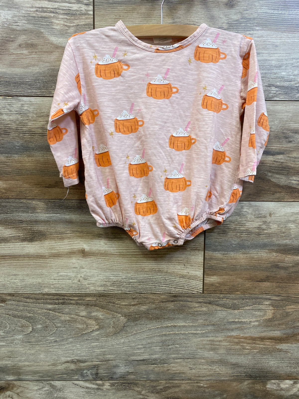 Siix Organic Long Sleeve T-Shirt Bubble Romper Pumpkin Mug Pink sz 12-18m