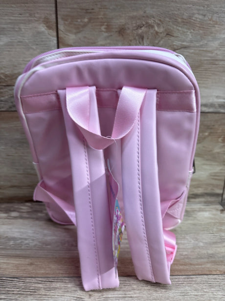 Back view of pink Sanrio Hello Kitty and Friends vending machine mini backpack with padded straps