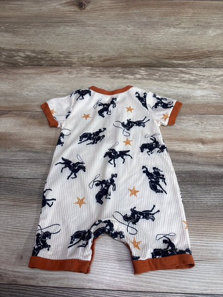 SAYOO Western Romper in cream with navy cowboy and horse print and rust orange trim