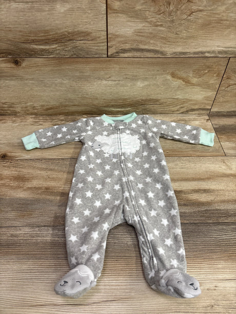 Front view of gray Simple Joys blanket sleeper with white star pattern, sheep appliqué, front zipper, and covered feet