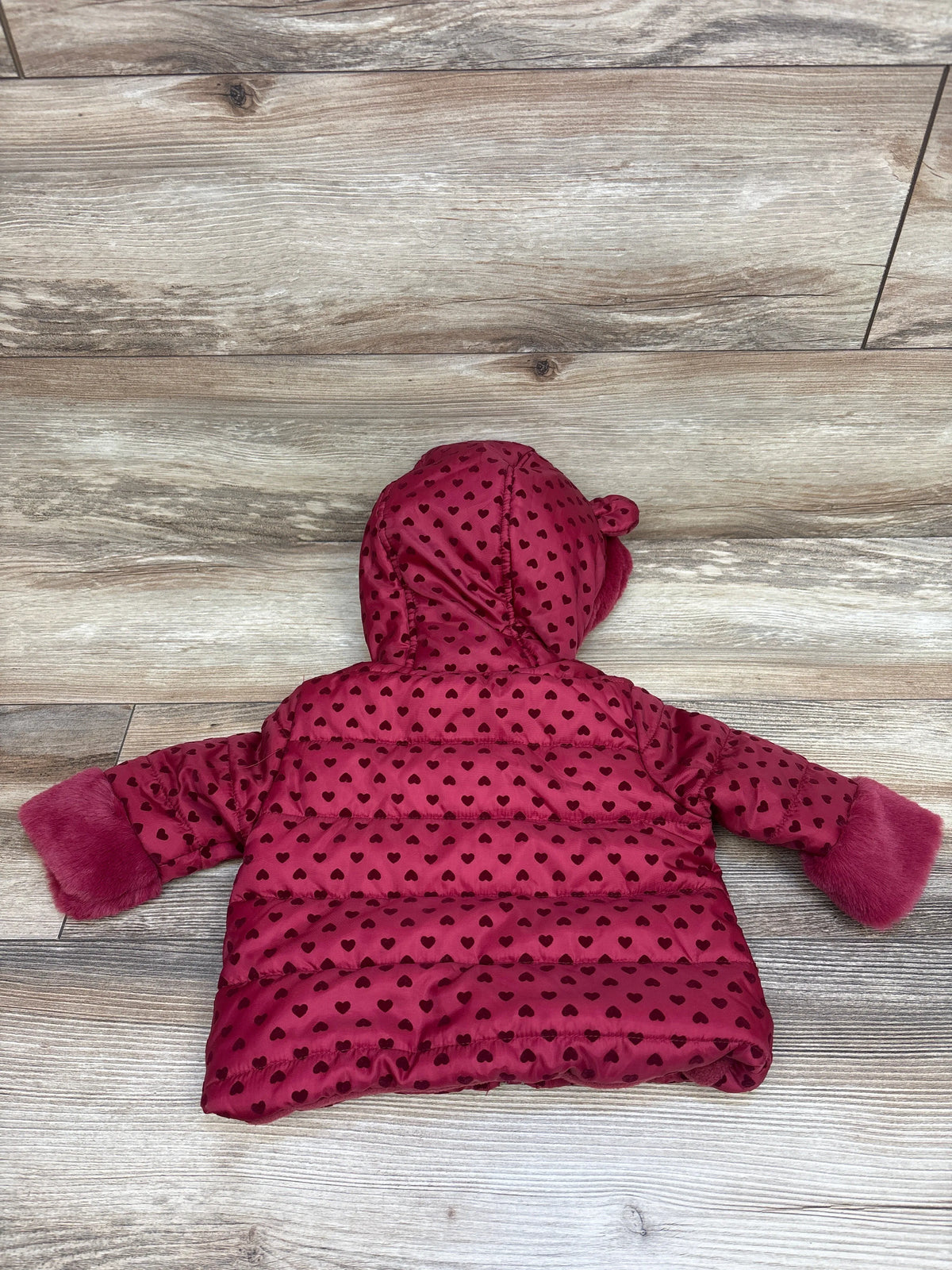 NEW First Impressions Fur Trim Heart Print Puffer Jacket Red sz 3-6m