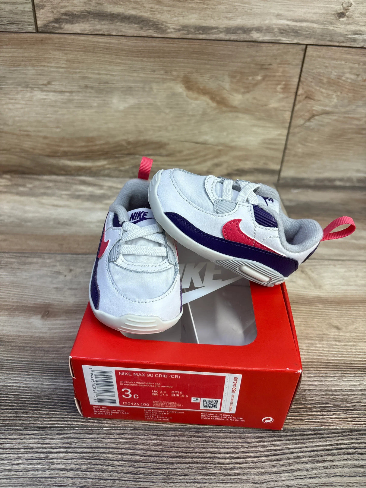 Nike Air Max 90 Crib 'White Flamingo' Grey Fog Sneakers sz 3c
