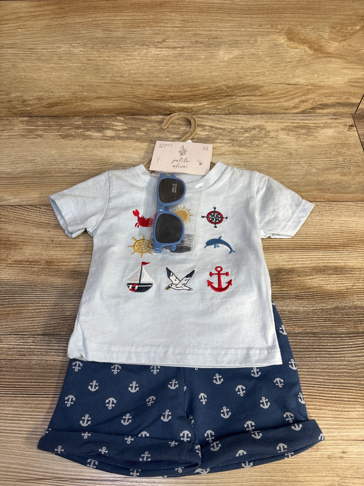 NEW Petite Olive 3pc Embroidered Sailor Shirt, Shorts, & Sunglasses Set Blue sz 9m