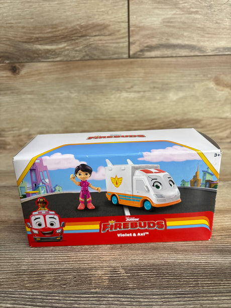 Disney Junior Firebuds Violet and Axl toy set in box on wood background