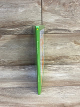 Side view of Austin Loves His Family hardcover book showing green spine and yellow heart detail with wood plank background