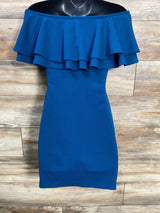 La Clef Double Ruffle Off The Shoulder Dress Blue sz Small