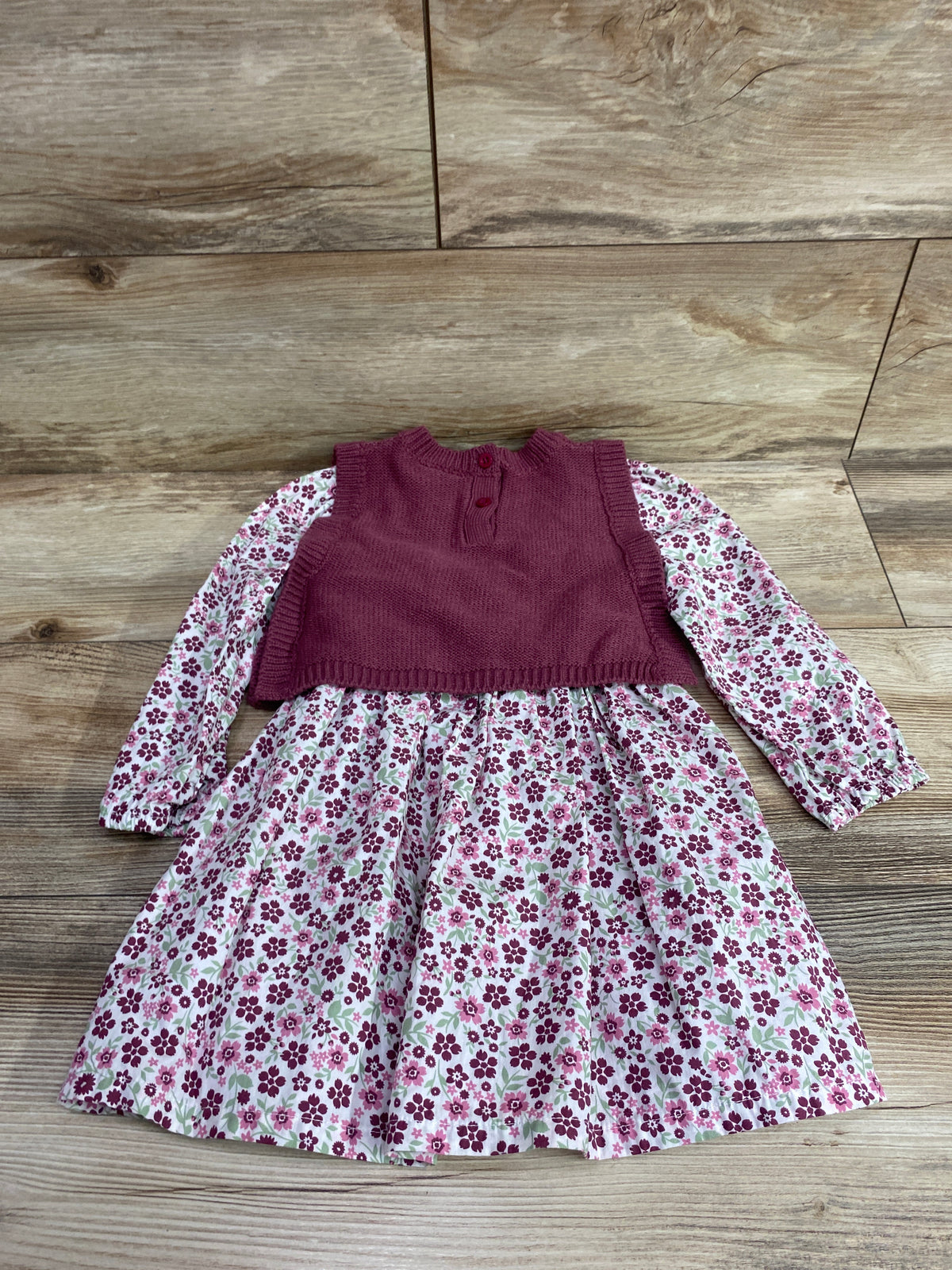 Nicole Miller 2pc Floral Long Sleeve Dress & Knit Vest Pink sz 2T