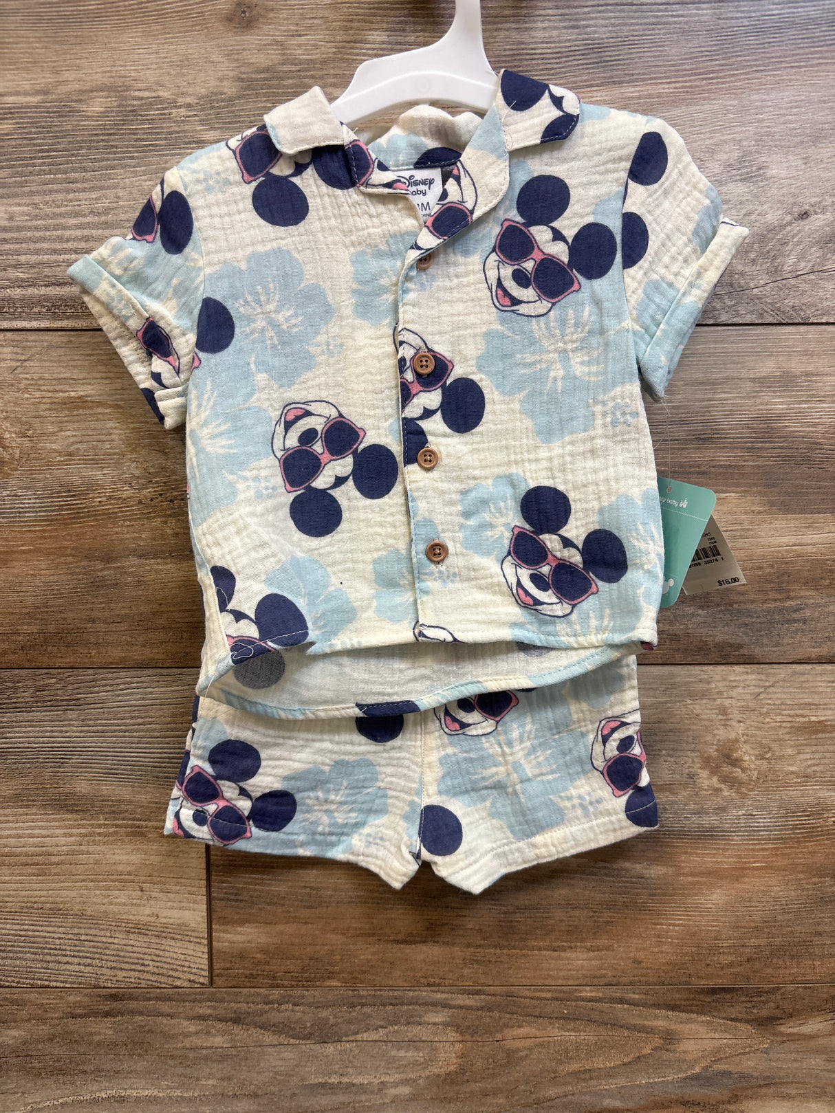 NEW Disney Baby 2pc Mickey Mouse Gauze Button Up & Shorts Set Ivory sz 0-3m