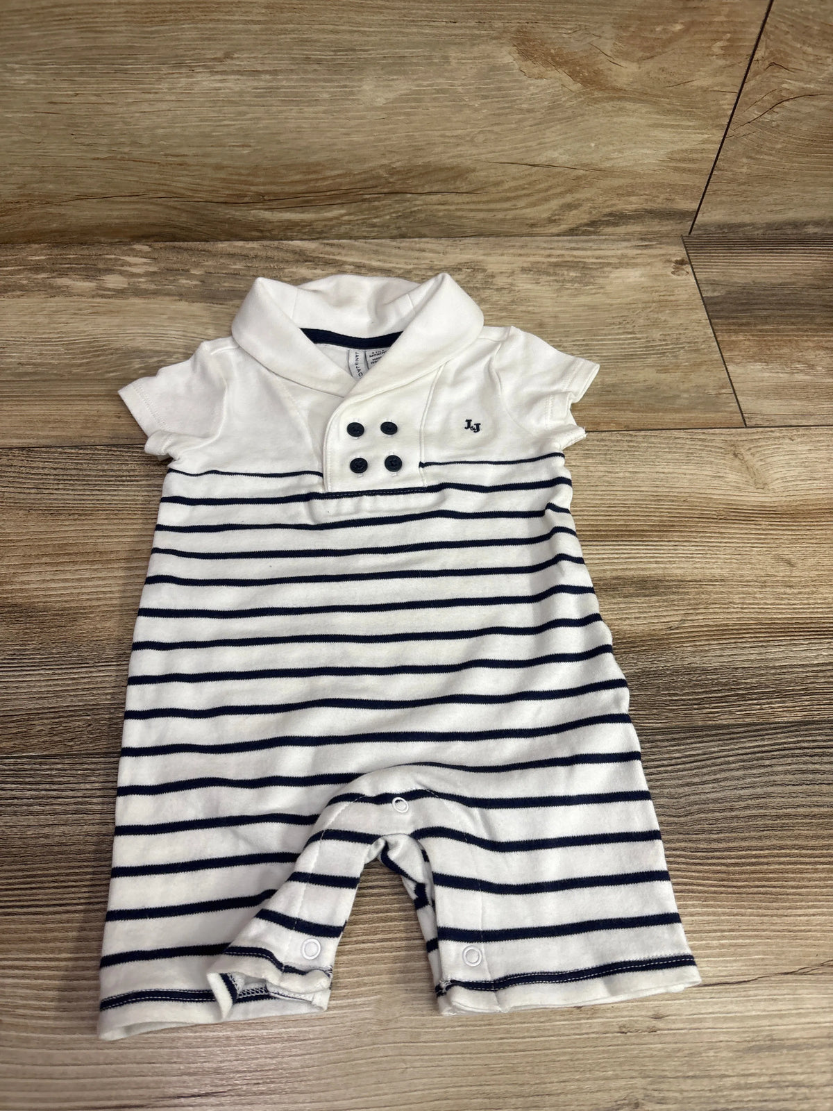 Janie & Jack white and navy blue striped shawl collar baby romper for size 3-6 months