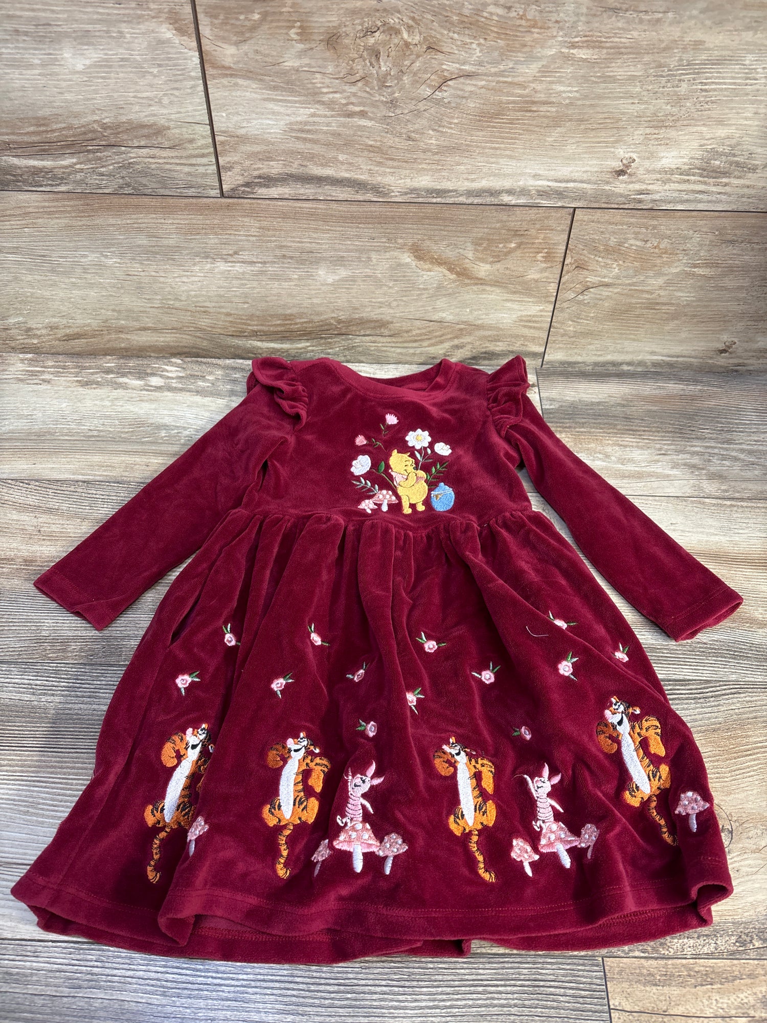 Boxlunch x Disney Winnie the Pooh Floral Long Sleeve Dress Maroon sz 3T