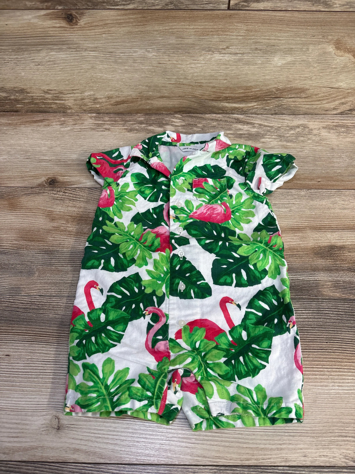 Janie & Jack Tropical Flamingo Linen Romper White sz 12-18m