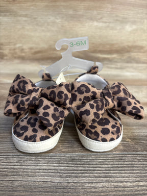 Leopard print baby shoes with bow, size 3-6M, soft sole for infants