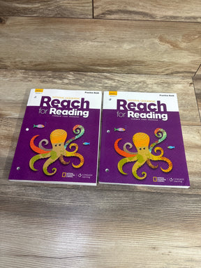 Two National Geographic Reach for Reading Grade 2 practice books with octopus cover on wood floor
