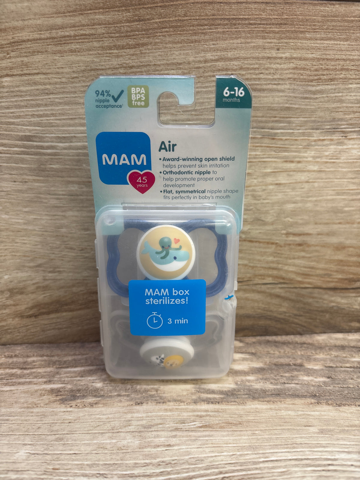 NEW MAM Air 2pk Pacifiers, Blue/Clear 6-16m