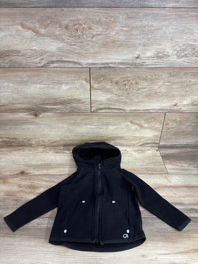 Black hooded kids jacket with zip front and pockets on wood background