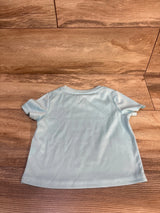 Light blue toddler t-shirt laid flat on wood floor, kids clothing resale