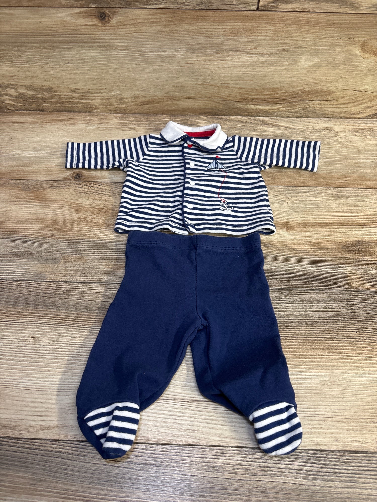 Little Me 2pc Striped Collared Shirt & Footed Pants Set Navy sz Newborn