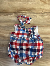 Cat & Jack Plaid Red White & Blue Bubble Romper & Headband Set sz 3-6m