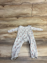Front flat lay of grey Disney Winnie the Pooh coverall 18 months showing all-over Pooh print, long sleeves, snap leg closures and ruffle ankle cuffs on wood background