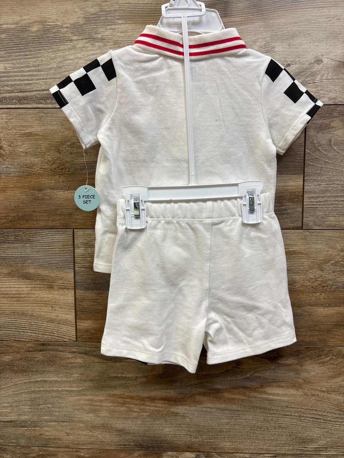 Little Lad 3 piece white polo shirt with checkered sleeves and matching shorts for baby boy
