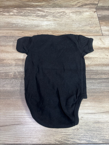 Back view of black Rabbit Skins Golden Knights Stanley Cup bodysuit size 6m showing short sleeves on wood grain background