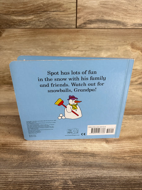 Back cover of a children's book featuring Spot the dog, a snowman illustration, and text about snow fun with family