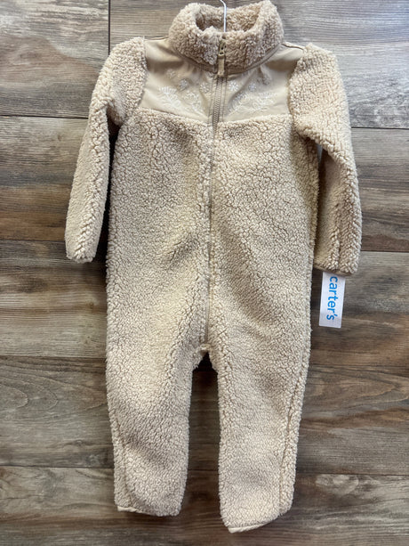 Front view of Carter’s beige sherpa coverall, size 24 months, showcasing floral embroidery, zip front, and high collar on wood