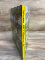 Angled view of What If Everybody Did That? hardcover book showcasing its yellow spine and illustrated cover with wood background