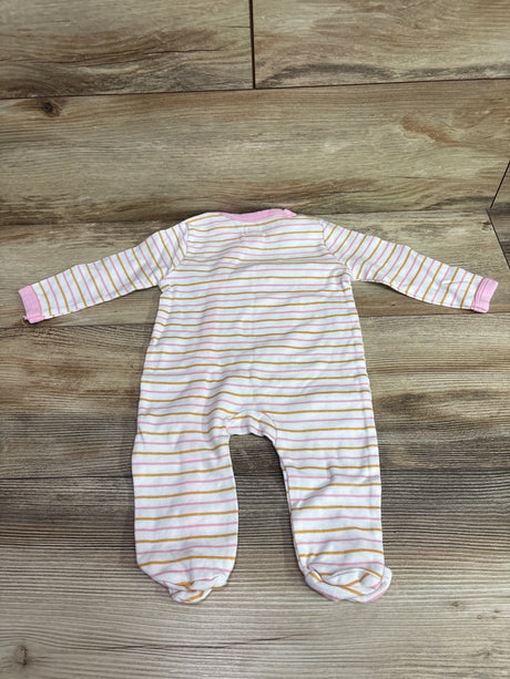 Front view of MAMIMAKA Rabbit Sleeper showcasing long sleeves, pink and gold stripes, and covered feet in size 6 months on a wood floor