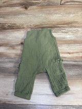 Front flat lay of Old Navy sleeveless henley pocket jumpsuit olive green 3-6m showing chest pocket and elastic ankle cuffs