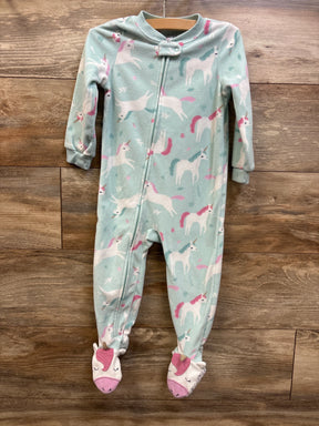 Light blue Carter's blanket sleeper for toddlers with white and pink unicorn print