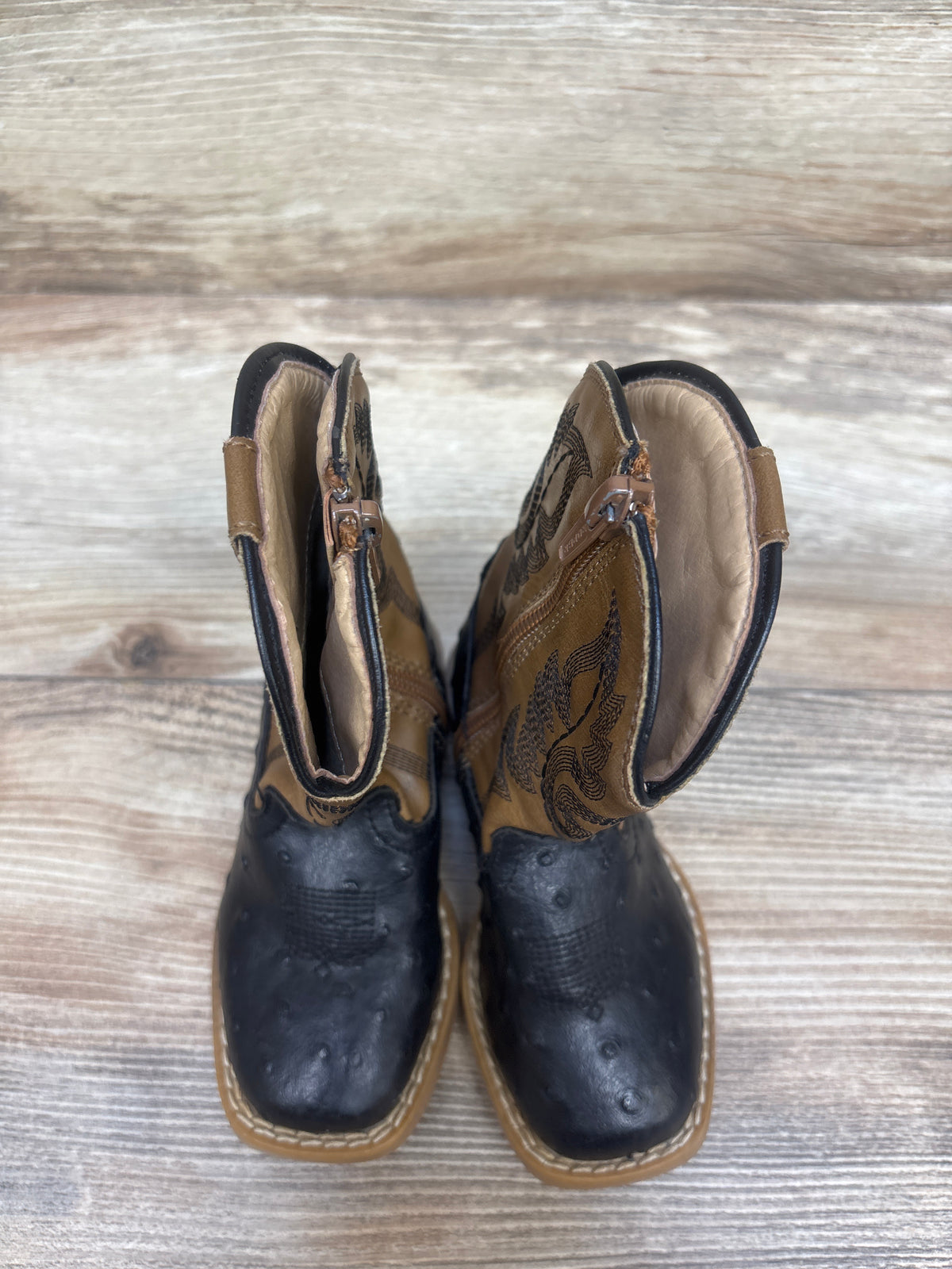 Roper Square Toe Ostrich Print Western Boots Black/Tan sz 6c