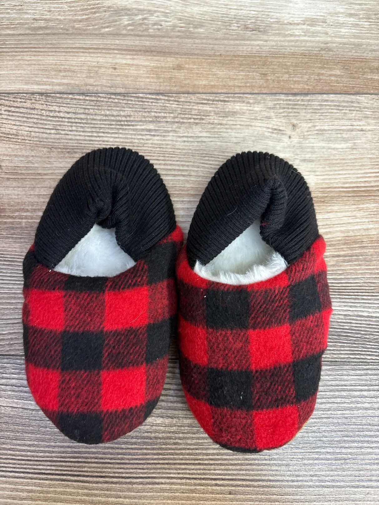 Faux Fur Buffalo Check Slippers Red sz 7/8c