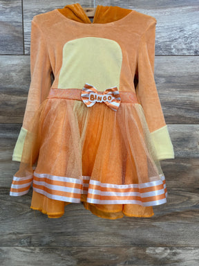 Orange and yellow kids dress with 'BINGO' bow, striped hem, and tulle skirt for festive occasions