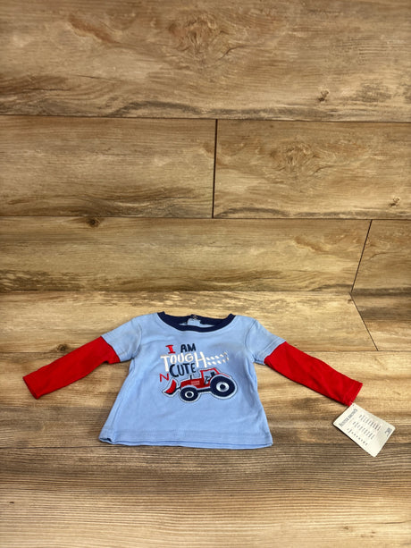 New Me n Mommy To Be baby blue layered sleeve shirt with red sleeves and tractor graphic.