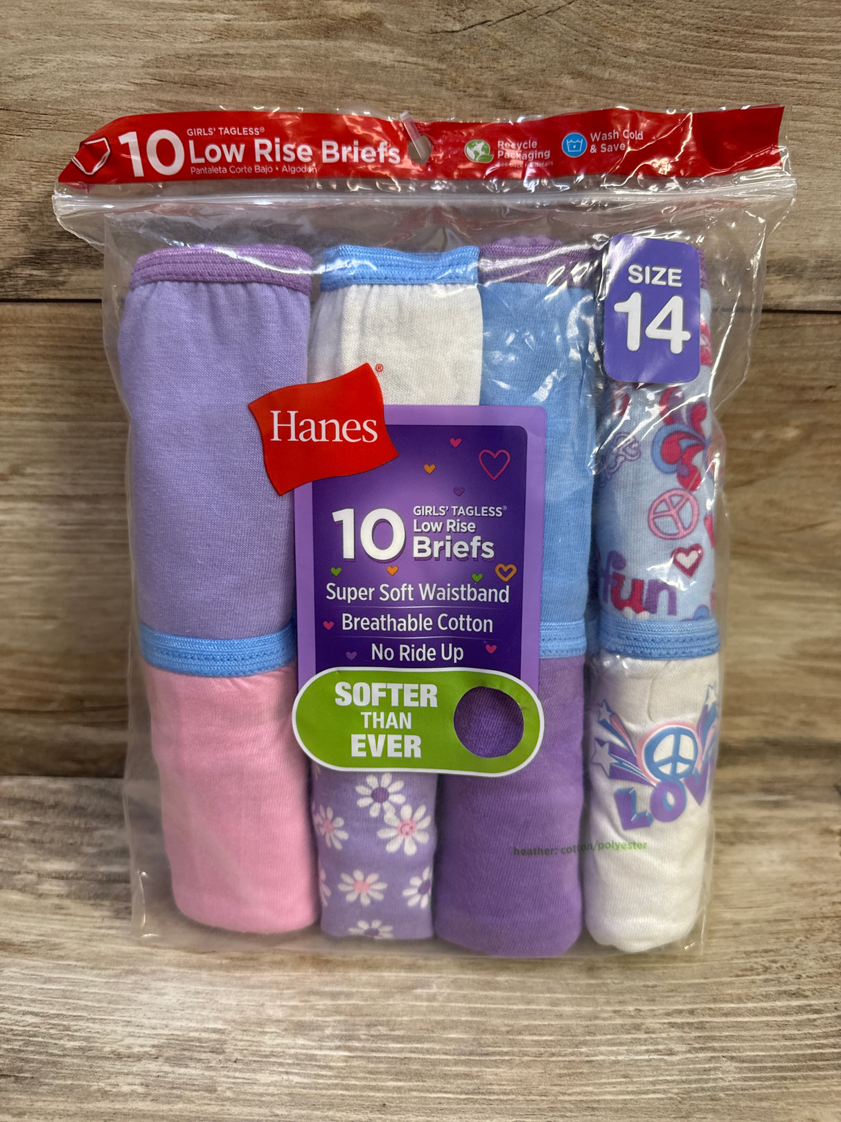 NEW Hanes Girls' Tagless Low Rise Briefs 10pk sz 14