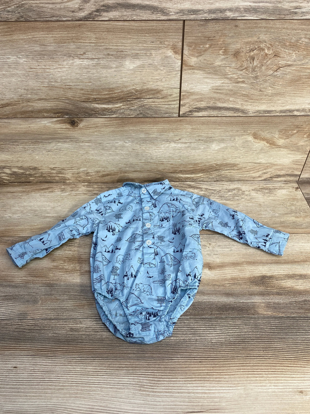 Mick Mack Camping Button Up Bodysuit Blue sz 6-9m - Me n Mommy To Be