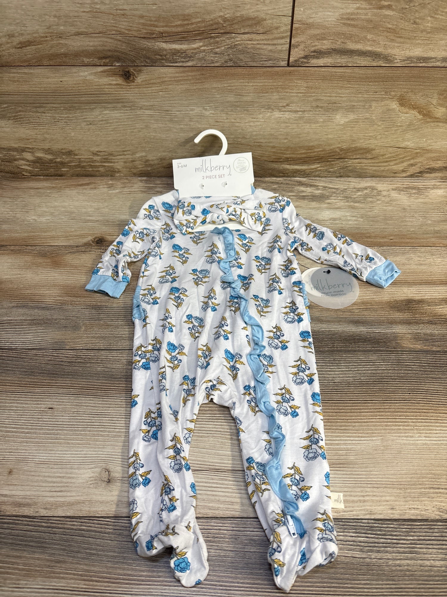 NEW Milkberry 2pc Bamboo Ruffle Sleeper & Headband Set White sz 3-6m